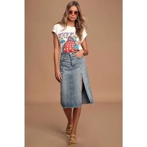 Free People Mambo Denim We The Free Light Wash Denim Midi‎ Skirt Distressed 27